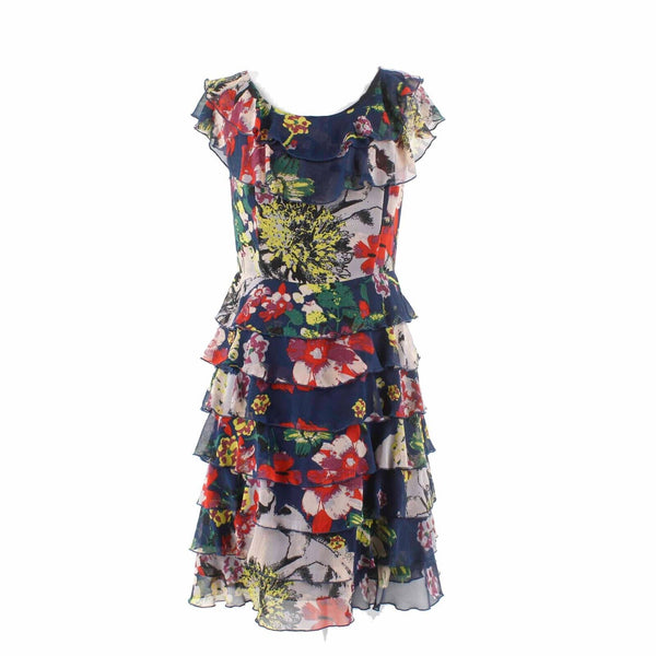 GO International Sz 7 Navy Blue Multi Chiffon Layered Ruffles Lined Poly Dress