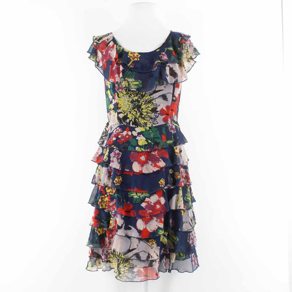 GO International Sz 7 Navy Blue Multi Chiffon Layered Ruffles Lined Poly Dress