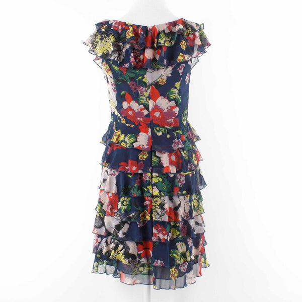 GO International Sz 7 Navy Blue Multi Chiffon Layered Ruffles Lined Poly Dress