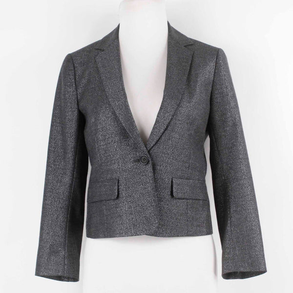 Theory Sz 6 Charcoal Metallic Collared One Button Wool Laine Blend Blazer Jacket