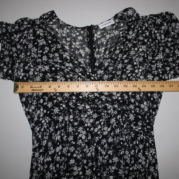 Calvin Klein NEW $139 Sz 2 Black White Floral Lined Faux Wrap 100% Poly Dress