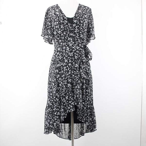 Calvin Klein NEW $139 Sz 2 Black White Floral Lined Faux Wrap 100% Poly Dress