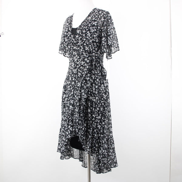 Calvin Klein NEW $139 Sz 2 Black White Floral Lined Faux Wrap 100% Poly Dress