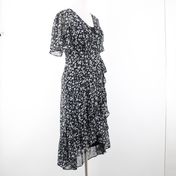 Calvin Klein NEW $139 Sz 2 Black White Floral Lined Faux Wrap 100% Poly Dress