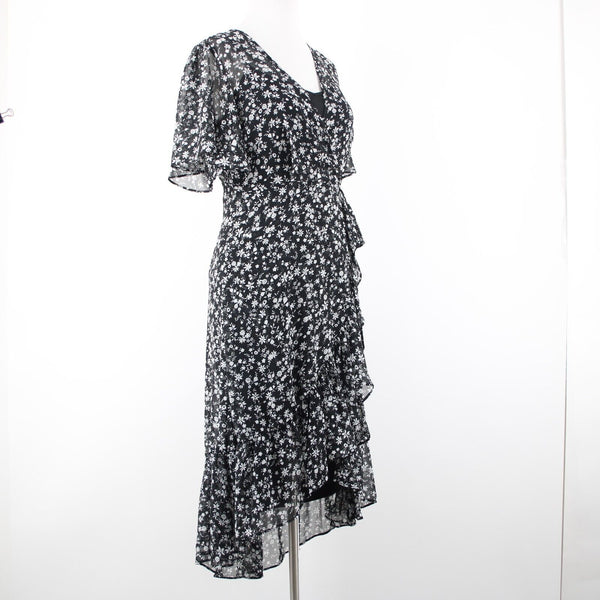 Calvin Klein NEW $139 Sz 2 Black White Floral Lined Faux Wrap 100% Poly Dress