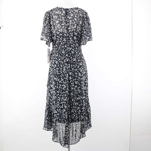 Calvin Klein NEW $139 Sz 2 Black White Floral Lined Faux Wrap 100% Poly Dress