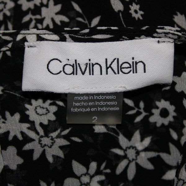 Calvin Klein NEW $139 Sz 2 Black White Floral Lined Faux Wrap 100% Poly Dress