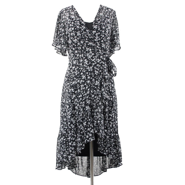 Calvin Klein NEW $139 Sz 2 Black White Floral Lined Faux Wrap 100% Poly Dress