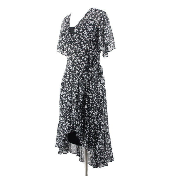 Calvin Klein NEW $139 Sz 2 Black White Floral Lined Faux Wrap 100% Poly Dress