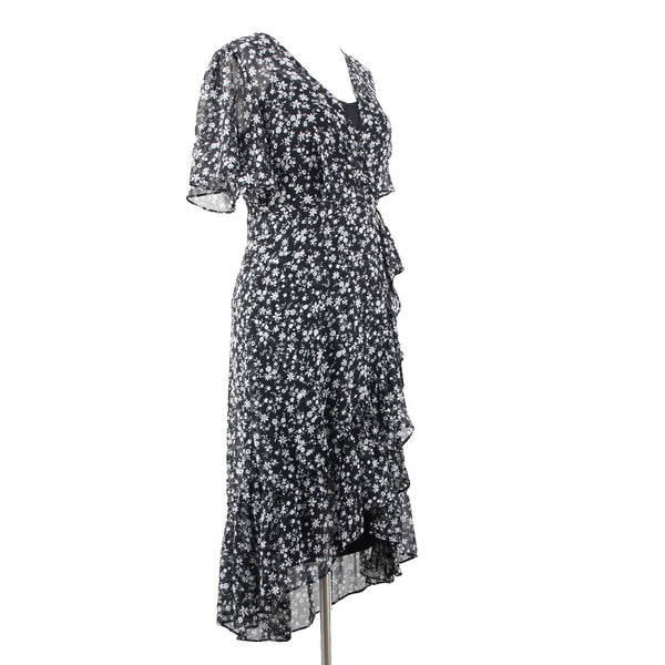 Calvin Klein NEW $139 Sz 2 Black White Floral Lined Faux Wrap 100% Poly Dress