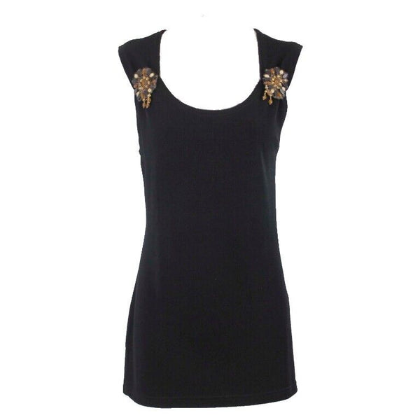 Coldwater Creek Sz S NWT Black Brown  Bead Applique Text Knit Acetate Blend Top