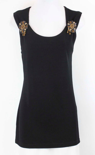 Coldwater Creek Sz S NWT Black Brown  Bead Applique Text Knit Acetate Blend Top