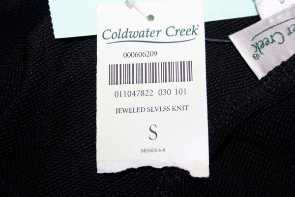 Coldwater Creek Sz S NWT Black Brown  Bead Applique Text Knit Acetate Blend Top