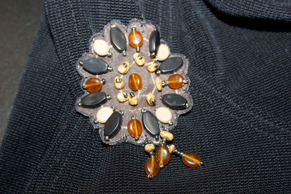 Coldwater Creek Sz S NWT Black Brown  Bead Applique Text Knit Acetate Blend Top