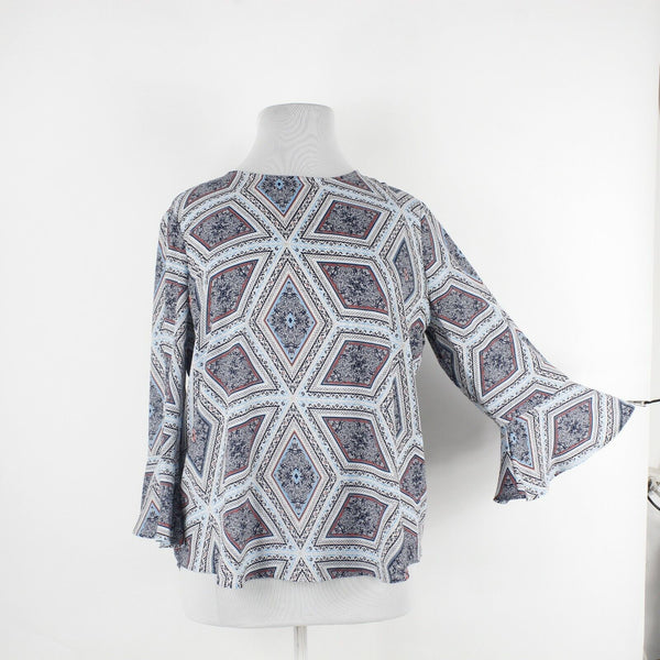 Charter Club Sz XL Navy Blue White Multi Pullover Ruffle Sleeve 100% Poly Top