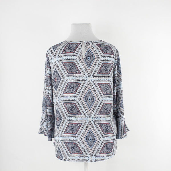 Charter Club Sz XL Navy Blue White Multi Pullover Ruffle Sleeve 100% Poly Top