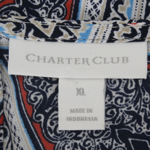 Charter Club Sz XL Navy Blue White Multi Pullover Ruffle Sleeve 100% Poly Top