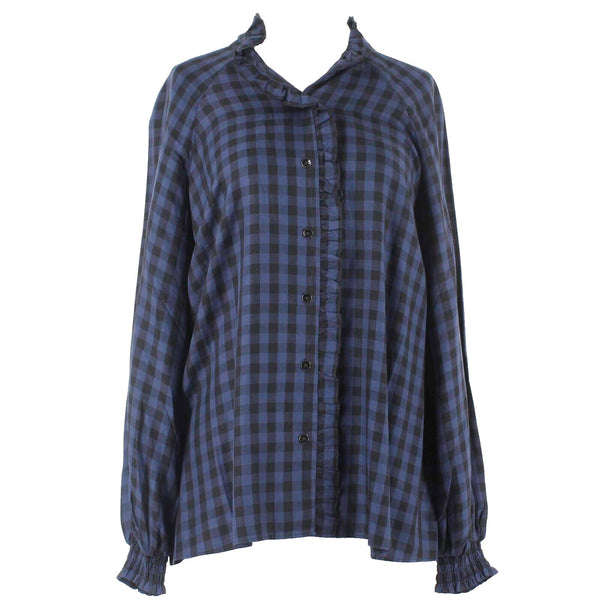 Cabi Sz S Navy Black Collared Button Down Checkered 100% Rayon Top