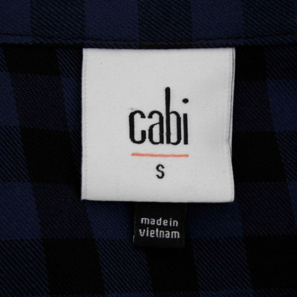 Cabi Sz S Navy Black Collared Button Down Checkered 100% Rayon Top