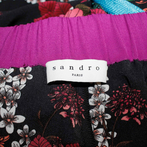 Sandro Paris Sz 5 x 27 Black Multi Side Zip Stripe Floral Poly Woven Pant
