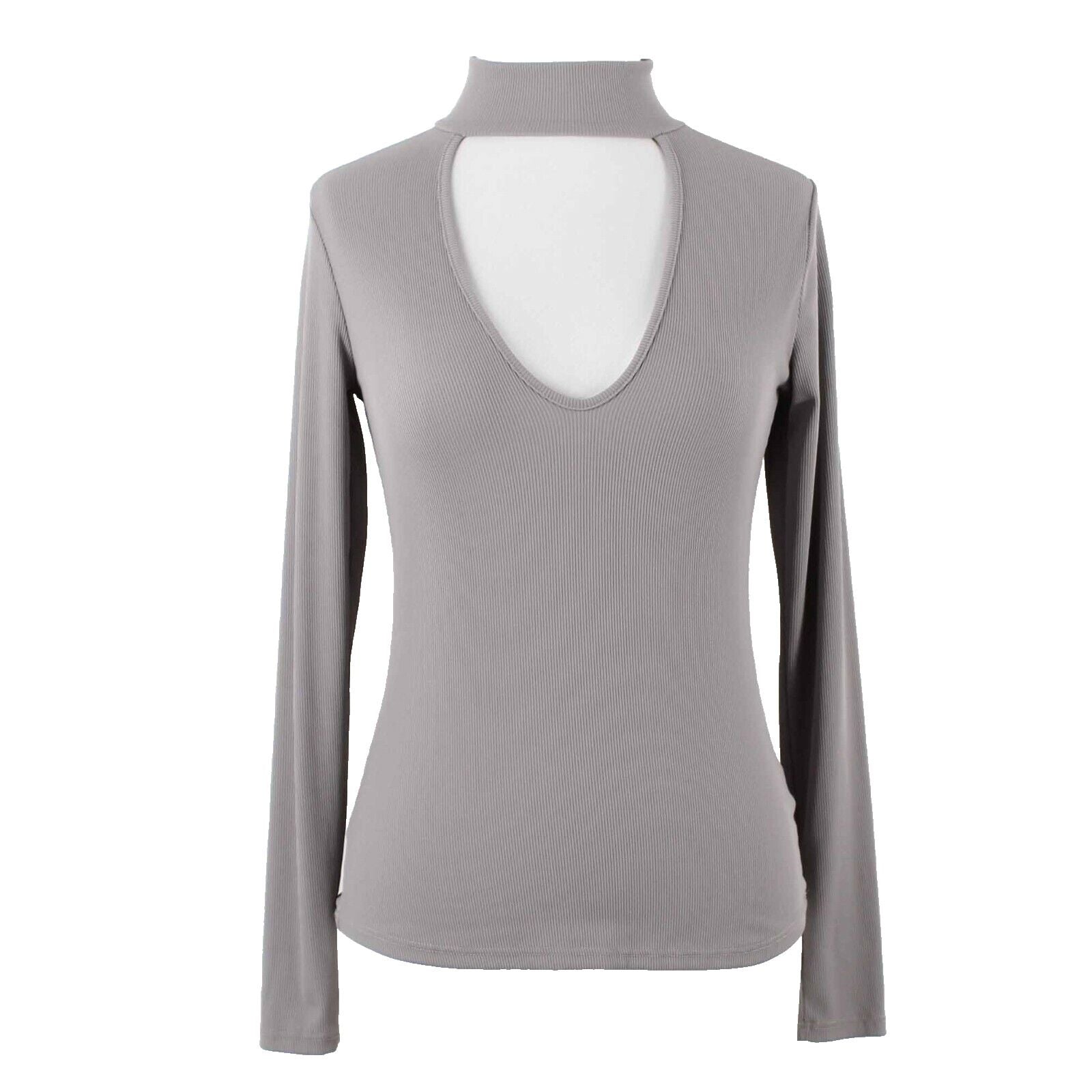 Lulus Sz XS Taupe Tan Stand Up Collar Deep V Keyhole Nylon Spandex Knit Top