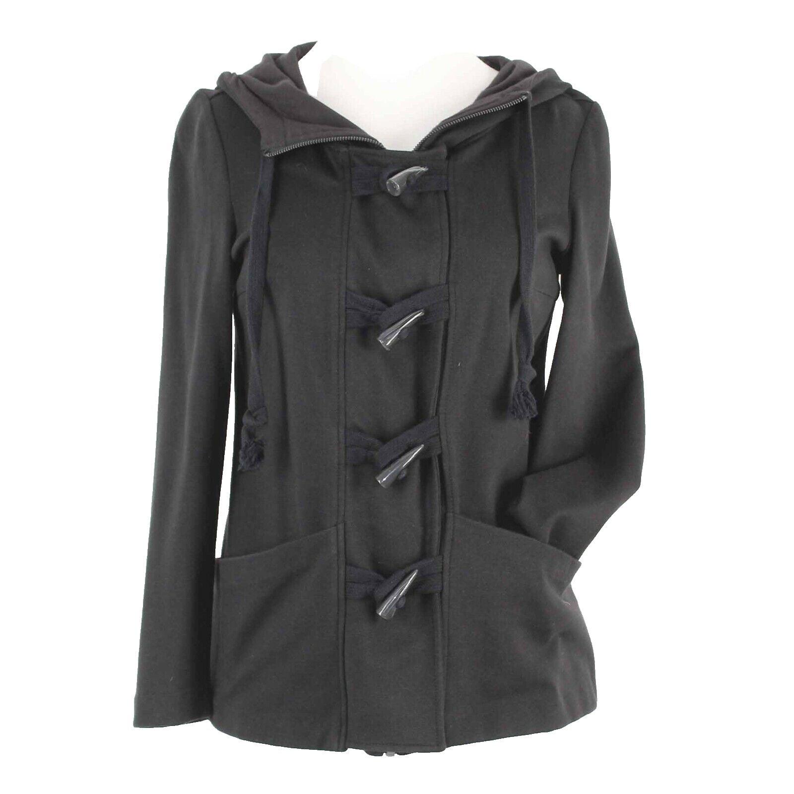 Kensie Sz S Black Button Zip Up Hooded Pockets Cotton Blend Jacket