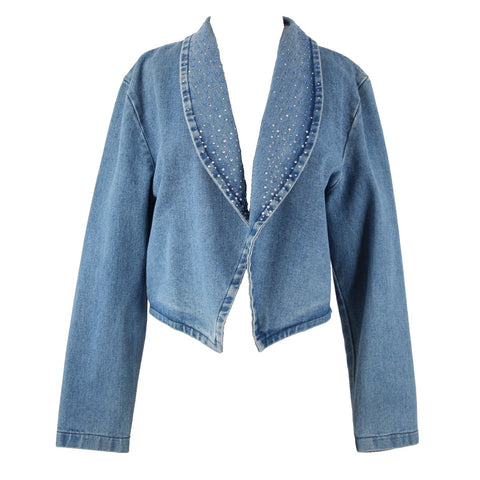 Simply Hot Vintage Sz S Blue Denim Rhinestones Collared 100% Cotton Jacket