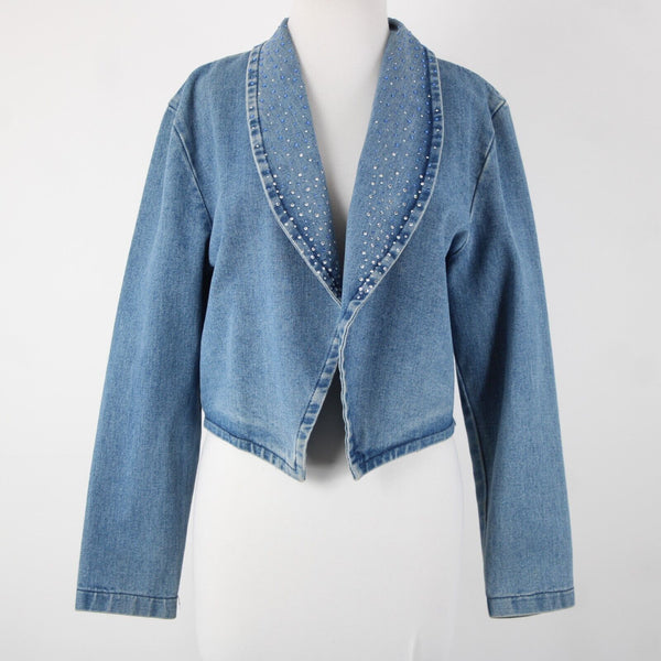 Simply Hot Vintage Sz S Blue Denim Rhinestones Collared 100% Cotton Jacket