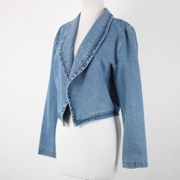 Simply Hot Vintage Sz S Blue Denim Rhinestones Collared 100% Cotton Jacket