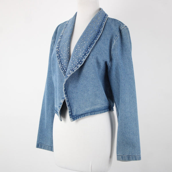 Simply Hot Vintage Sz S Blue Denim Rhinestones Collared 100% Cotton Jacket