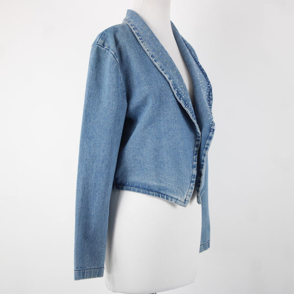 Simply Hot Vintage Sz S Blue Denim Rhinestones Collared 100% Cotton Jacket