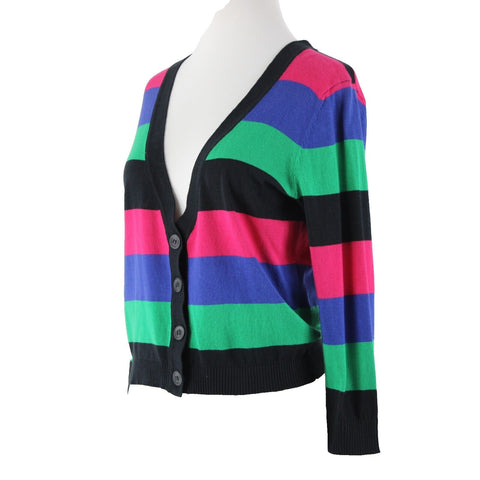 Spense Knits NEW $58 Sz S Black Multi Striped 100% Cotton Cardigan Sweater