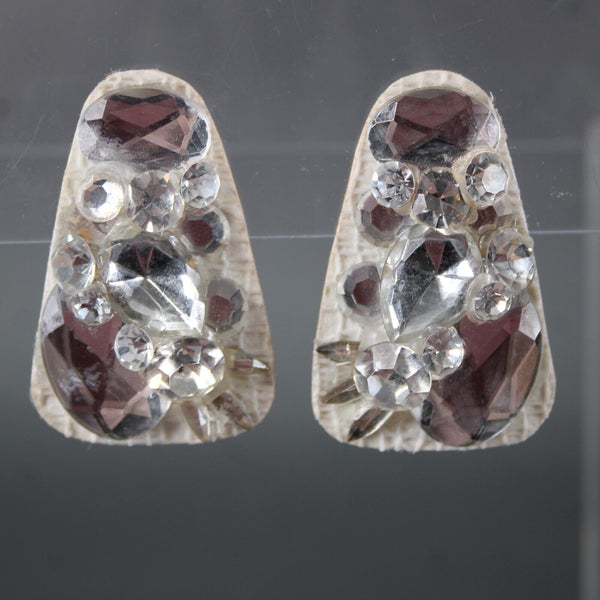 KS Designs 70's Vintage White Silver Rhinestones 2" Huggie Clip On Earrings