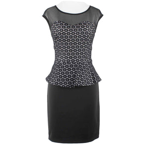 En Focus Studio Sz 8 Black White Sheer Shoulders Peplum Poly Blend Dress