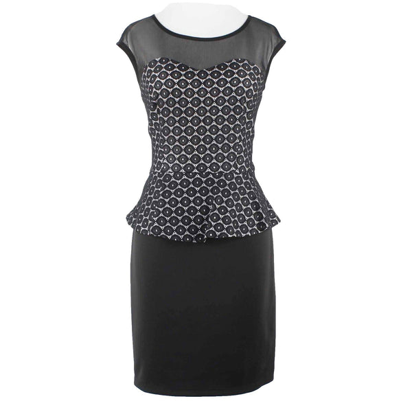 En Focus Studio Sz 8 Black White Sheer Shoulders Peplum Poly Blend Dress