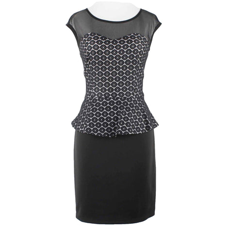 En Focus Studio Sz 8 Black White Sheer Shoulders Peplum Poly Blend Dress