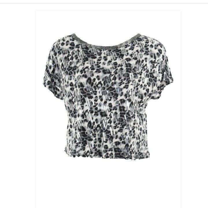 INC L Black Gray Animal Silver Beaded Sequin 100% Rayon Knit Top
