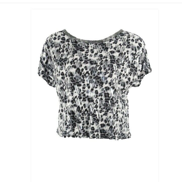 INC L Black Gray Animal Silver Beaded Sequin 100% Rayon Knit Top