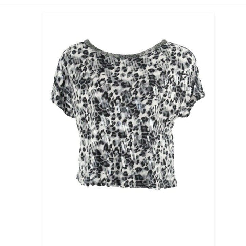 INC L Black Gray Animal Silver Beaded Sequin 100% Rayon Knit Top