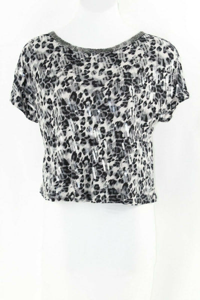 INC L Black Gray Animal Silver Beaded Sequin 100% Rayon Knit Top