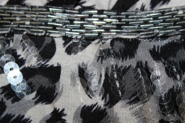 INC L Black Gray Animal Silver Beaded Sequin 100% Rayon Knit Top