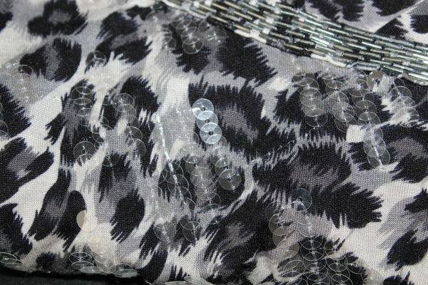 INC L Black Gray Animal Silver Beaded Sequin 100% Rayon Knit Top
