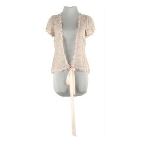 Rebecca Taylor Sz 4 Beige Nude Embellished Lace Ribbon Tie Nylon Poly Cardigan