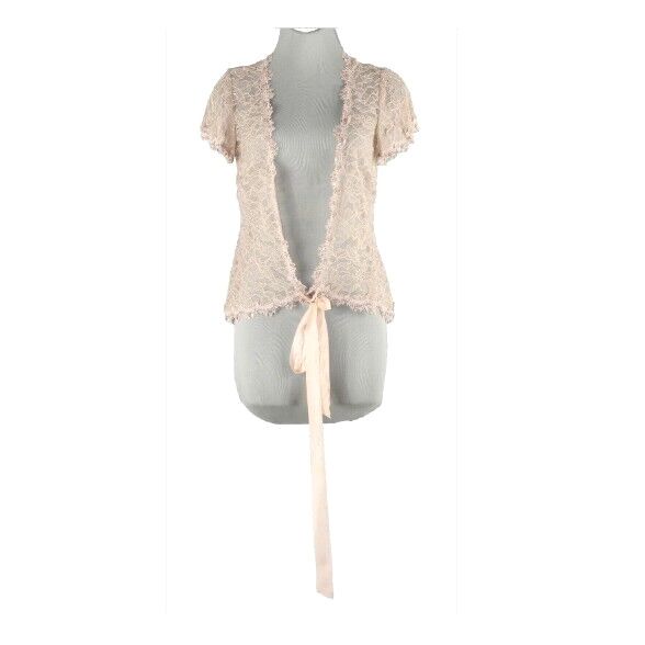 Rebecca Taylor Sz 4 Beige Nude Embellished Lace Ribbon Tie Nylon Poly Cardigan