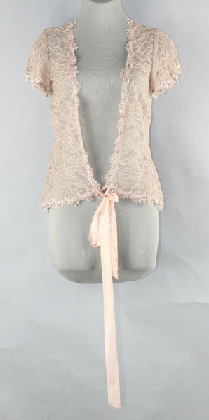 Rebecca Taylor Sz 4 Beige Nude Embellished Lace Ribbon Tie Nylon Poly Cardigan