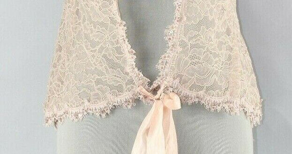 Rebecca Taylor Sz 4 Beige Nude Embellished Lace Ribbon Tie Nylon Poly Cardigan