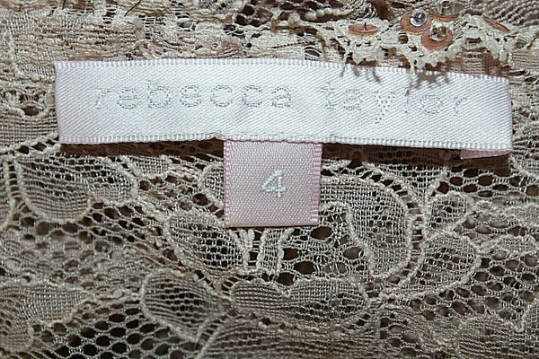 Rebecca Taylor Sz 4 Beige Nude Embellished Lace Ribbon Tie Nylon Poly Cardigan