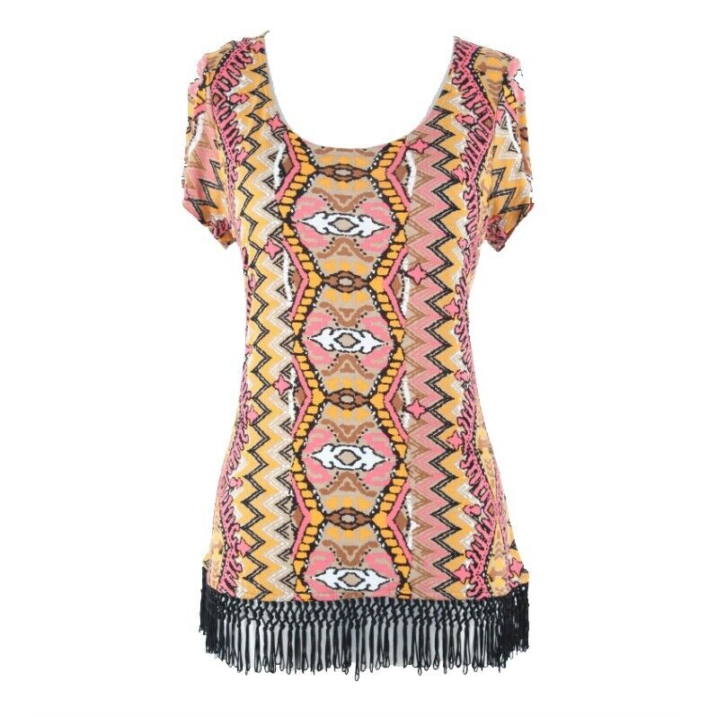 INC Sz M Coral Orange Black Multi 2.5-3" Fringe Hem 100% Rayon Top