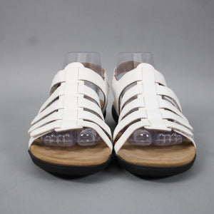 Trotters Sz 8 M White Tan Black Hook Loop Straps Open Toe Fabric Rubber Sandals