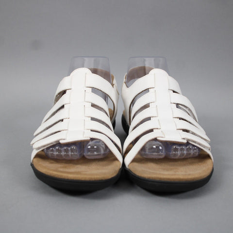Trotters Sz 8 M White Tan Black Hook Loop Straps Open Toe Fabric Rubber Sandals